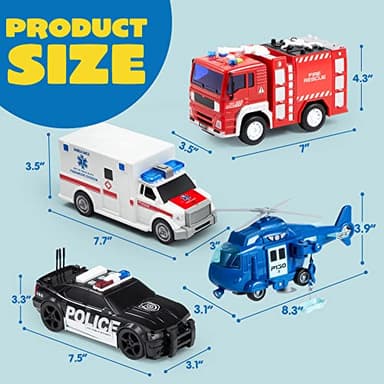 JOYIN 4 Packs Emergency Vehicle Toy Playsets, Friction Powered Vehicles with Light and Sound, Including Fire Truck, Ambulance, Play Police Car and Helicopter, Christmas Toddler Kids Boys Gifts - Image 8