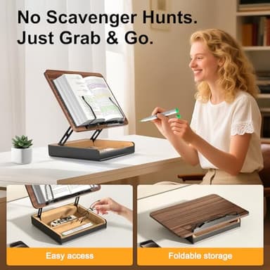 HUMANCOZY Book Stand with Storage, Book Holder for Reading Hands Free, Wooden Cookbook Stand for Kitchen Counter, Adjustable Reading Stand for Desk, Recipe Stand, Book Prop for Book Lovers - Image 5