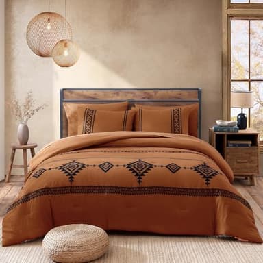 MAIREVE Burnt Orange Embroidery Comforters Set Queen Size - 7 Pieces, Farmhouse Western Bedding All Season, Bed in A Bag Queen Boho Comforter Set with Sheets, Pillowcases & Shams - Image 4