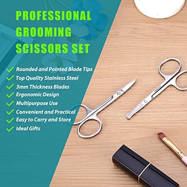 Facial Hair Small Grooming Scissors For Men Women - Eyebrow, Nose Hair, Mustache, Beard, Eyelashes, Ear Trimming Kit - Curved and Rounded Safety Tip Clippers For Hair Cutting - 2PCS Silver - Image 2