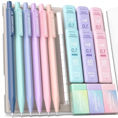 Four Candies Mechanical Pencils 0.7mm, with HB & 2B Lead Refills 0.7, Pastel Eraser Set & Eraser Refills, 16-Count Pack with Case, Cute Aesthetic School Supplies for Writing, Drawing and Sketching - Image 1