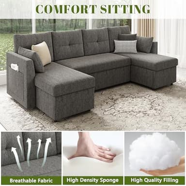 Huatean Home Oversized Sleeper Sofa Couch, 110 inch 2 in 1 Pullout Couch Bed with Double Storage Chaise, Sectional Sleeper Sofa Bed with Side Pocket for Living Room, Dark Grey - Image 6