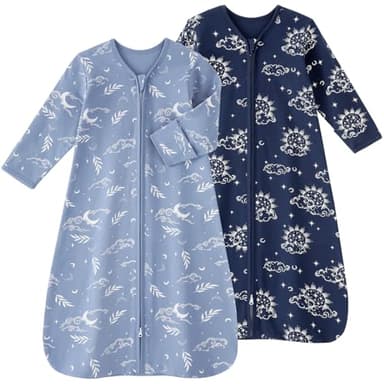 FIEMOL Baby Sleep Sack 6-12 Months, Long Sleeve Baby Wearable Blanket 0.5 Tog with Mittens, 2-Way Zipper Infant Cotton Sleeping Sack for Boy and Girl Blue Stars 2 Pack (Medium) - Image 1