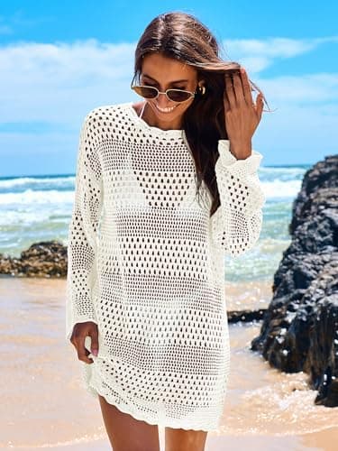ANRABESS Women Swimsuit Crochet Swim Cover Up 2025 Summer Bathing Suit Swimwear Mesh Knit Beach Dress Vacation Outfits Cream White Medium - Image 3