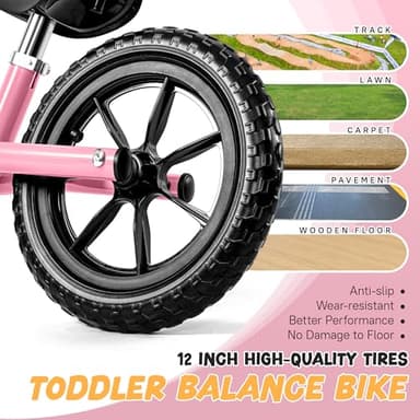 Balance Bike 2 Year Old, Toddler Balance Bike for 2 to 5 Year Old, Bike with No Pedals for Toddlers, Adjustable Seat & Handle, 135° Steering Limit, 110 lbs Capacity, Ideal Gift for Toddlers - Pink - Image 5