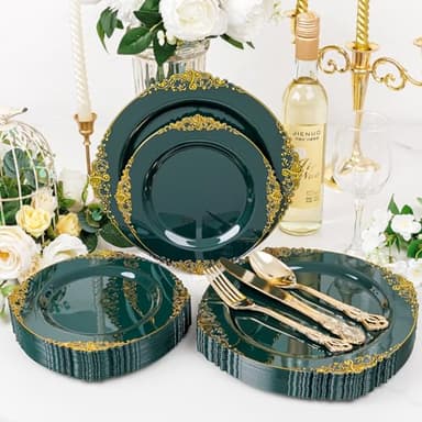Joyido 102PCS Green and Gold Plates - Green Plastic Plate - Fancy Heavy Duty Disposable Plates - Heavyweight Disposable Dinner & Dessert Plate for 51 Guests for Party & Wedding - Image 8