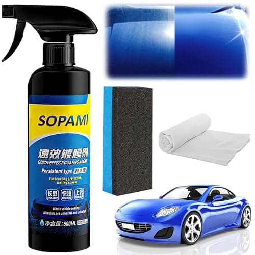 Sopami Car Coating Spray, 17.6 oz Quick Effect Coating Agent, Oil Film Emulsion Glass Cleaner, Polish Spray Waterless Wash Wax, Spray Wax Polish for Car Scratches(1PC+Sponge+Cloth)