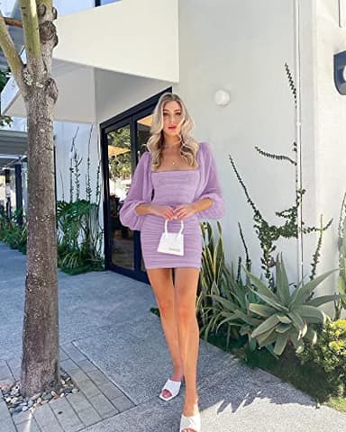 Wenrine Women's Mesh Long Sleeve Square Neck Ruched Party Club Cocktail Bodycon Mini Dress Light Purple - Image 5