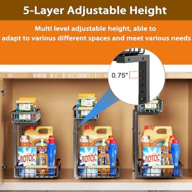 SILUB Under Sink Organizer,2 Pack Kitchen Organizers and Storage Adjustable Height 2 Tier Sliding L-Shape Cabinet Organizers Meatal,Under Bathroom Sink Organizer with Anti Slip Wooden Handle - Image 4