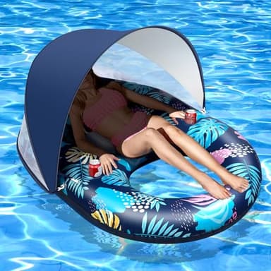 Inflatable Pool Floats with UPF50+ Canopy-Removable-120° Adjustable, Large Pool Beach Floating Raft Lounge with 2 Cup Holders, Swimming Inflatable Pool Floats for Beach, Lake, Party - Image 1