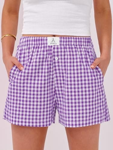 ANRABESS Boxer Shorts for Women Gingham Pajama 2025 Summer Casual Lounge Sleep Plaid Shorts Y2K Beach Bottoms Purple White Plaid Large - Image 2