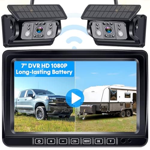 Dual RV Wireless Backup Camera for Trailer: Easy Setup Solar RV Rear View Camera with 7-inch Recording Monitor - 4 Channels Strong Magnetic HD 1080P Long-Battery Life for Camper, Truck, Fifth Wheel - Image 1