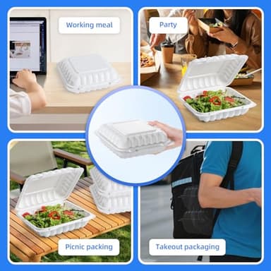 YANGRUI Food Containers 8 Inch 34 oz 55 Pack - Shrink Wrap BPA Free Mineral Filled PP Plastic Container | Reusable Freezer & Microwave Safe Meal Prep Takeout | White Heavy Duty Clamshell Lunch Boxes - Image 6