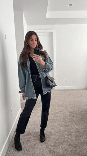 Dokotoo Womens Washed Boyfriend Oversized Lapel Button Up Long Sleeve Denim Trucker Jacket Distressed Ripped Denim Jackets Fashion Distressed Jean Jacket for Women with Pockets, (US 8-10) M,Sky Blue - Image 5