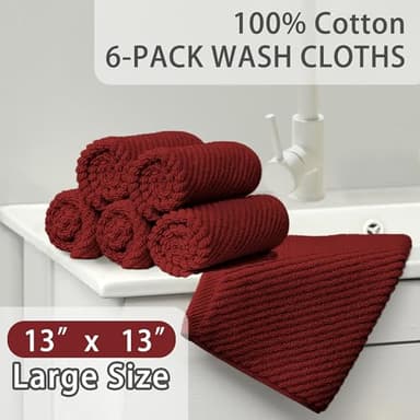 VOOVA & MOVAS Red Washcloths, 6PC 13"x13" - 100% Cotton | Quick Dry | Lightweight | Thick | Soft | Absorbent, Bath Hand Towels Set for Face & Body, Face Towels for Bathroom, Towel Gift Set, Burgundy - Image 3