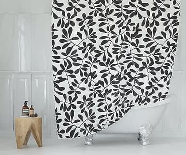 Worthwhile Goods Black and White Leaf Print Shower Curtain, B&W Minimal Floral Botanical Modern Fabric Shower Curtain 72x72 Inches (Leaves) - Image 4