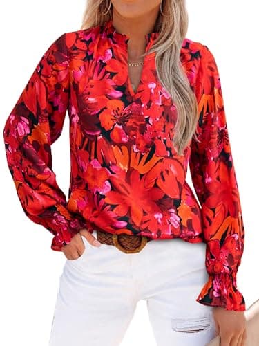 MASCOMODA Womens V Neck Floral Long Sleeve Tops 2025 Summer Casual Loose Puff Sleeve Chiffon Boho Work Blouse Dressy T Shirts(Red Flower,Large) - Image 1