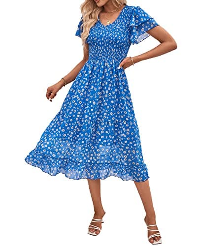 BTFBM Women Casual Summer Short Ruffles Tiered Sleeve Smocked Midi Dresses Bohemian Floral V Neck Wedding Guest Long Dresses - Image 1