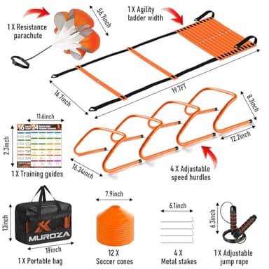 Agility Ladder, Speed Training Equipment Set, 20ft Agility Ladder, 12 Soccer Cones, 4 Hurdles, Jump Rope, Running Parachute, Basketball Football Soccer Training Equipment for Kids, Youth, Adults - Image 2