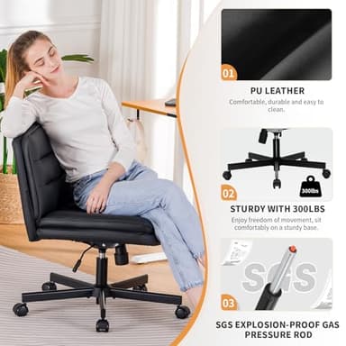 COMHOMA Cross Legged Office Chair with Wheels Armless Office Desk Chair, Modern Vanity Computer Task Chairs for Home Bedroom, Comfortable Wide Seat for Lower Back Pain Relief, PU Leahter, Black - Image 7