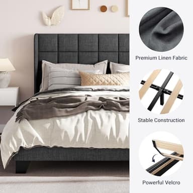 Allewie Queen Size Platform Bed Frame with Wingback, Fabric Upholstered Square Stitched Headboard and Wooden Slats, Mattress Foundation, Box Spring Optional, Easy Assembly, Dark Grey - Image 4