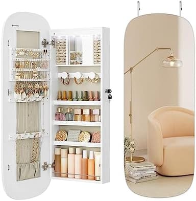 SONGMICS Jewelry Organizer, LED Jewelry Cabinet Wall/Door Mounted, Lockable Rounded Wide Mirror with Storage, Interior Mirror, 3.9 x 16.5 x 42.5 Inches, White Surface with Greige Lining - Image 3