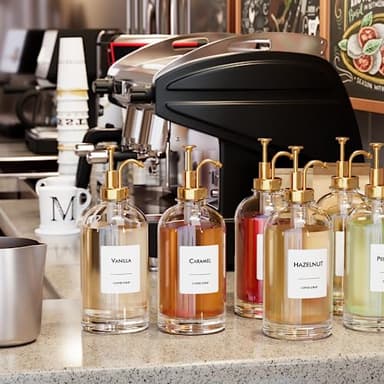 16.9 oz (500 ml) Coffee Syrup Dispenser Set- 4 Glass Bottles with Gold Pumper and Syrup Labels - Precise Dispensing and Stylish Addition to Coffee Shop, Cafe or Home Bar - Image 4