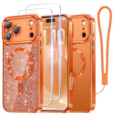Meifigno Designed for iPhone 17 Pro Max Case 6.9", [Glitter Card & Wrist Strap] [Compatible with MagSafe] [2X HD Screen Protectors] Surround Raised Lens Protection for 17 ProMax Case, Cosmic Orange - Image 1