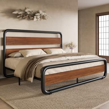 SHA CERLIN Full Size Metal Bed Frame with Wooden Headboard and Footboard, Heavy Duty Platform Frame with Under-Bed Storage, Noise Free, No Box Spring Needed, Vintage Walnut - Image 3