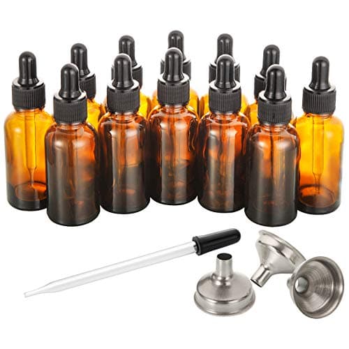 12 Pack, 2 oz Glass Dropper Bottle with 3 Stainless Steel Funnels & 1 Long Glass Dropper - 60ml Amber Tincture Bottles with Eye Droppers for Essential Oils, Liquids - Leakproof Travel Bottle - Image 1