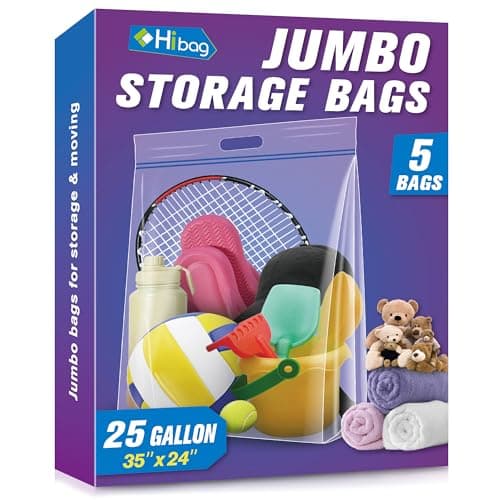 HIBAG 25 Gallon Jumbo Storage Bags, 35” x 24” Resealable Clear Bags with Handle, Extra Large XL Heavy Duty for Clothes Pillow Travel Moving, Pack of 5 - Image 1