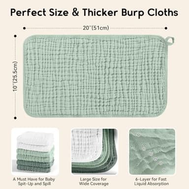 Unnivoll Muslin Burp Cloths for Baby 100% Cotton Burping Cloths for Boys Girls Large 20''X10'' Extra Soft and Absorbent 12 Pack - White and Green - Image 3