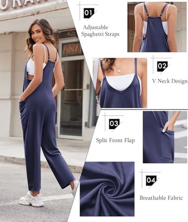 Ekouaer Womens Sleeveless Jumpsuit Loose Spaghetti Strap Baggy Overalls Jumpers Casual Long Pants Rompers with Pockets Navy Blue L - Image 2