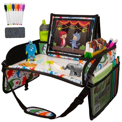 Lusso Gear Kids Travel Tray for Car Seat - Dinos, Oxford Cloth & Plastic - Dry-Erase Tablet Holder with Cup Holder & Storage - Road Trip Essentials & Plane Activity Tray - Image 1