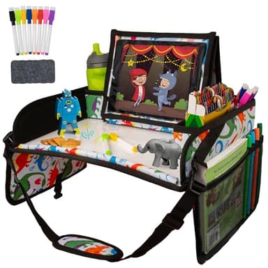 Lusso Gear Kids Travel Tray for Car Seat - Dinos, Oxford Cloth & Plastic - Dry-Erase Tablet Holder with Cup Holder & Storage - Road Trip Essentials & Plane Activity Tray - Image 1