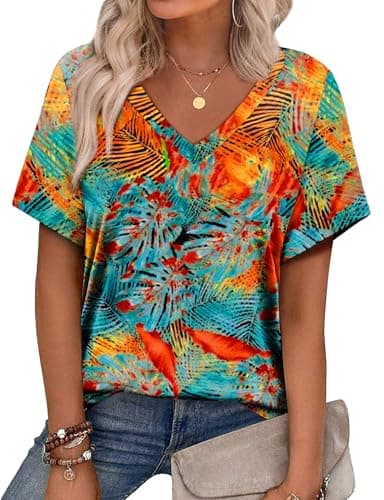 Alaroo Summer Tops for Women 2025 Seniors Ladies V Neck T Shirts Beach Vacation Clothes Hawaiian Outfits Blouses Print 09 XL - Image 1