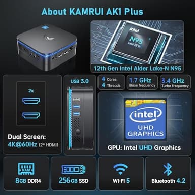 KAMRUI AK1PLUS Mini PC, N95 Processor (up to 3.4GHz), 8GB DDR4 RAM 256GB M.2 SSD, Mini Desktop Computer Support 2.5" SSD, Dual 4K, WiFi, Ethernet for Business, Office, Home - Image 2
