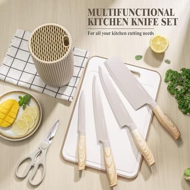 Knife Set, Astercook 6 Piece Khaki Kitchen Knife Set, Non-stick Stainless Steel Knife Block Set, Anti-Rust Dishwasher Safe Knife Set with Block - Image 3