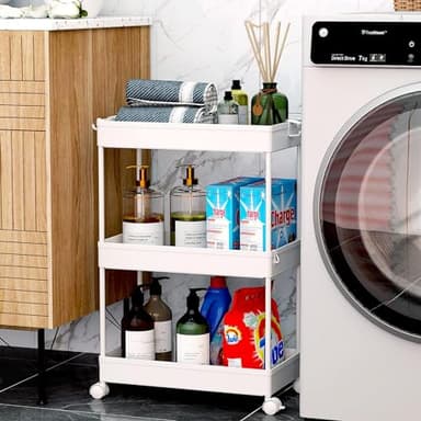SPACEKEEPER Storage Rolling Cart, 3 Tier Laundry Room Organization Utility Cart Bathroom Organizer Mobile Shelving Unit Shelves Multi-Functional Trolley, White - Image 5