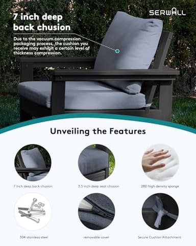 SERWALL HDPE Patio Conversation Set, 6-Piece Sectional Outdoor Furniture Set, All Weather Outdoor Couch Set Patio Furniture Set for Deck, Lawn, Black Frame with Grey Cushion - Image 4