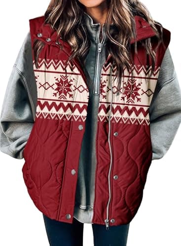 EVALESS Womens Fashion Cropped Christmas Puffer Vest Fall 2025 Lightweight Quilted Stand Collar Sleeveless Button Down Jackets Winter Warm Coat Outerwear Gilet with Pockets Red X-Large - Image 1