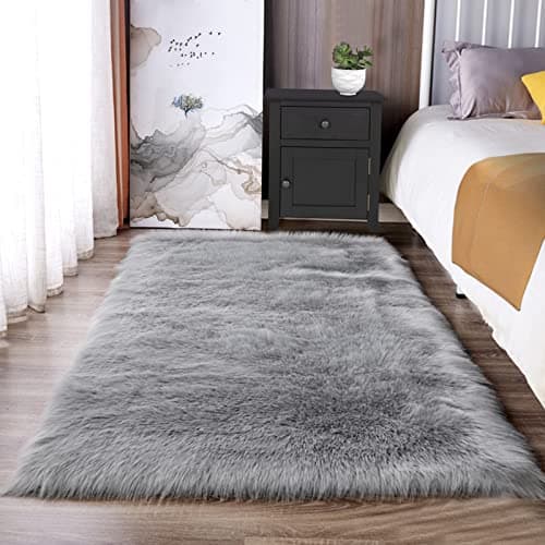 Latepis 3x5 Faux Sheepskin Rug, Faux Fur Rug for Living Room, Fluffy Washable Rugs for Bedroom, Teen Bedroom Decor, Grey Fluffy Rugs, Rectangle - Image 1