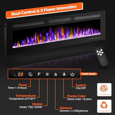 BETELNUT 60" Electric Fireplace Wall Mounted and Recessed with Remote Control, 750/1500W Ultra-Thin Wall Fireplace Heater W/Timer Adjustable Flame Color and Brightness, Log Set & Crystal Options - Image 2