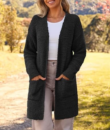 MEROKEETY Women's 2025 Winter Long Sleeve Soft Chunky Knit Sweater Open Front Cardigan Outwear Coat Black - Image 2