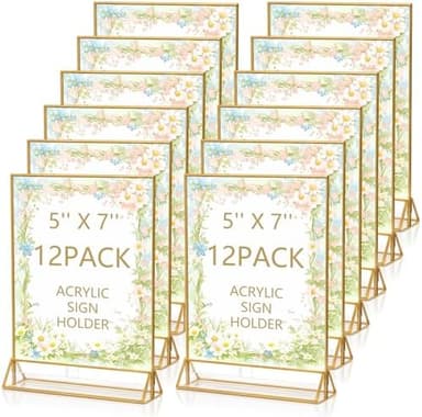 12 Pack Acrylic Sign Holder 5x7, Clear Picture Frame and Flyer Holder, Double Sided Gold Frame Acrylic Frame for Wedding Table Sign Display - Image 3