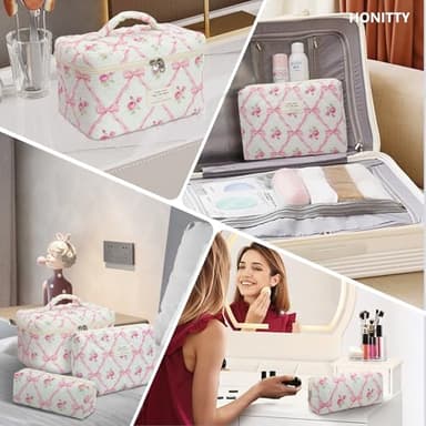 honitty Makeup Bag,Quilted Cosmetic Bag,Large Floral Make Up Bag for Women,Cotton Makeup Bag Set,Flower Travel Toiletry Bag - Image 6
