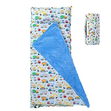 NapCure Toddler Nap Mat with Removable Pillow and Minky Blanket,Soft Rolled Napping Mats for Boys and Girls,Lightweight Daycare,Preschool,Travel Toddler Sleeping Slumber Bag-50”×20”(Truck and Digger) - Image 1