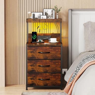 SZLHANJZ Nightstands Set of 2, End Table with LED Light and Charging Station Type C, 3 Drawers Storage Dresser Night Stand with Hooks, Tall Bed Side Table for Bedroom Dorm, Rustic Brown - Image 2