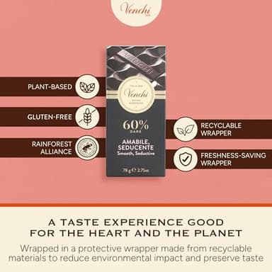 Venchi 60% Dark Chocolate Bar, 2.75 oz - Naturally Gluten Free- Delicate Dark Chocolate - Vegan Friendly - Image 7
