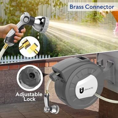 Retractable Garden Hose Reel, 1/2 in x 100 ft Wall Mounted Hose Reel, 10-Pattern Spray Nozzle, Any Length Lock/Slow Return System/Wall Mounted/180°Swivel Bracket - Image 6